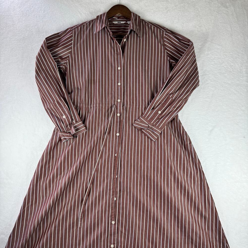 Uniqlo Striped Shirt Dress Small Brown White Long Sleeve Button Front Midi Dress - Picture 2 of 13